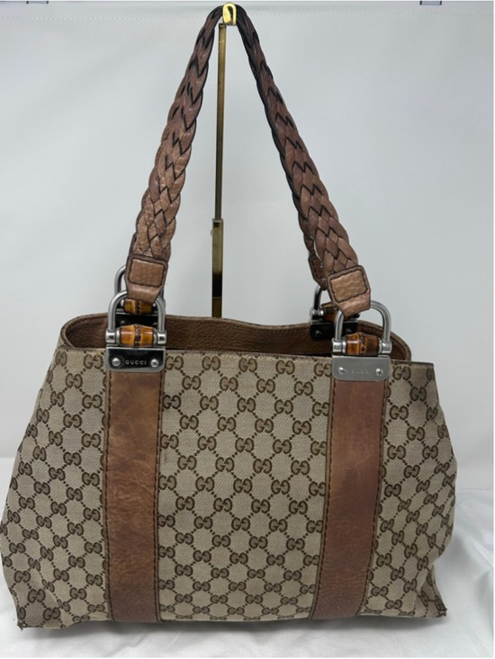 Gucci Handbags - Gucci GG Canvas Bamboo Bar Tote Beige Monogram Shoulder Bag Leather